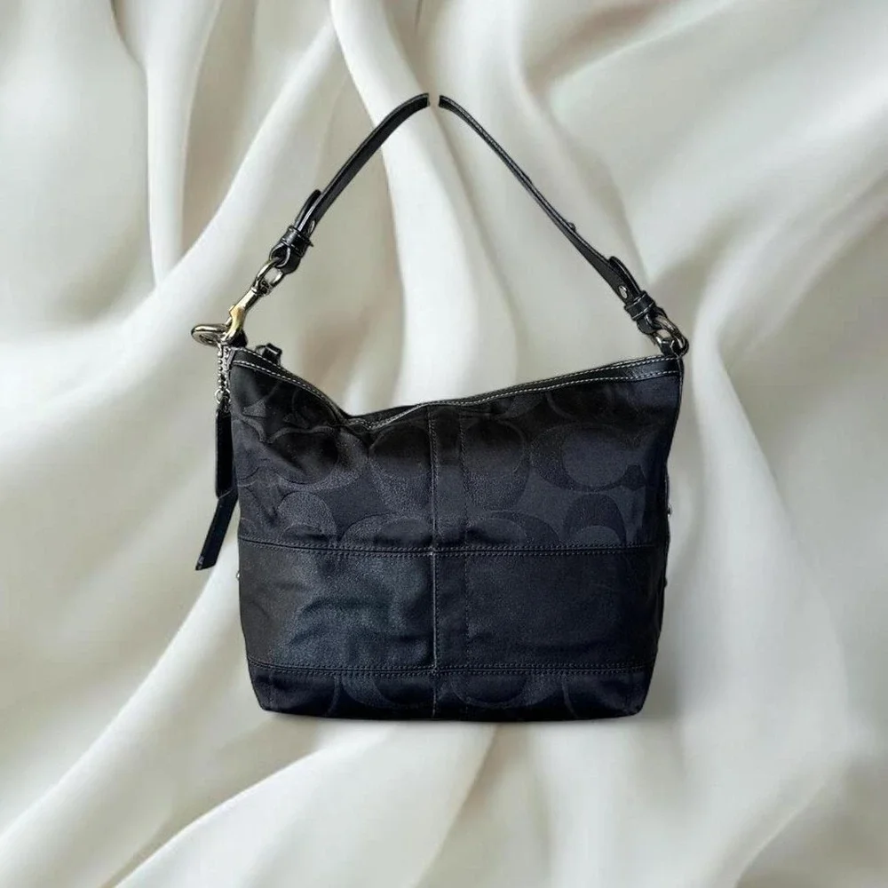 Coach black monogram canvas hobo shoulder bag blue satin interior y2k vintage